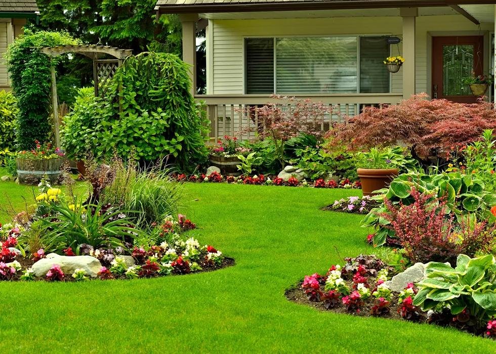 Lush residential front yard with mixed perennial garden beds and manicured lawn representing KRD Landscaping garden design services in Massachusetts